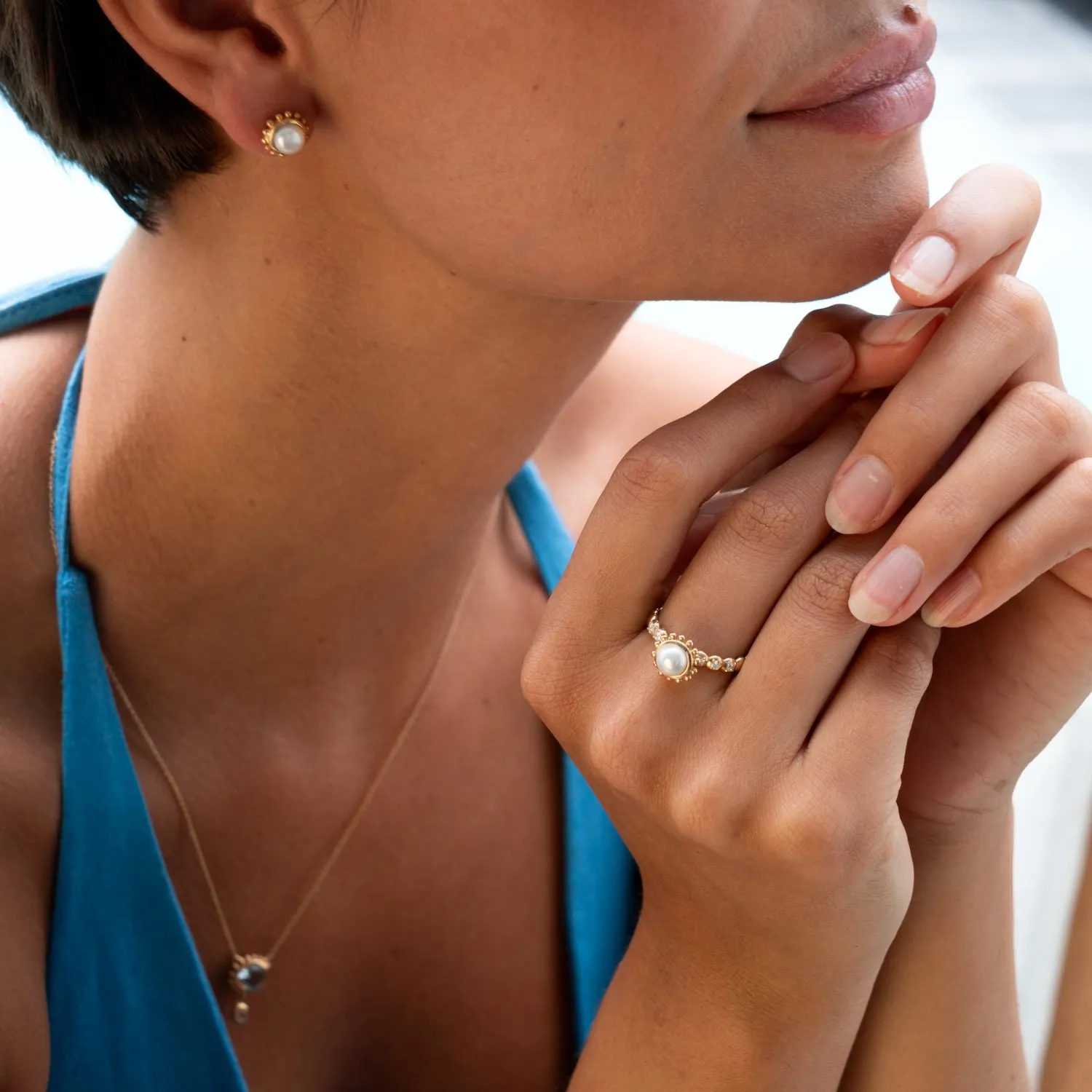 14k Gold Anemone Ring with White Pearl
