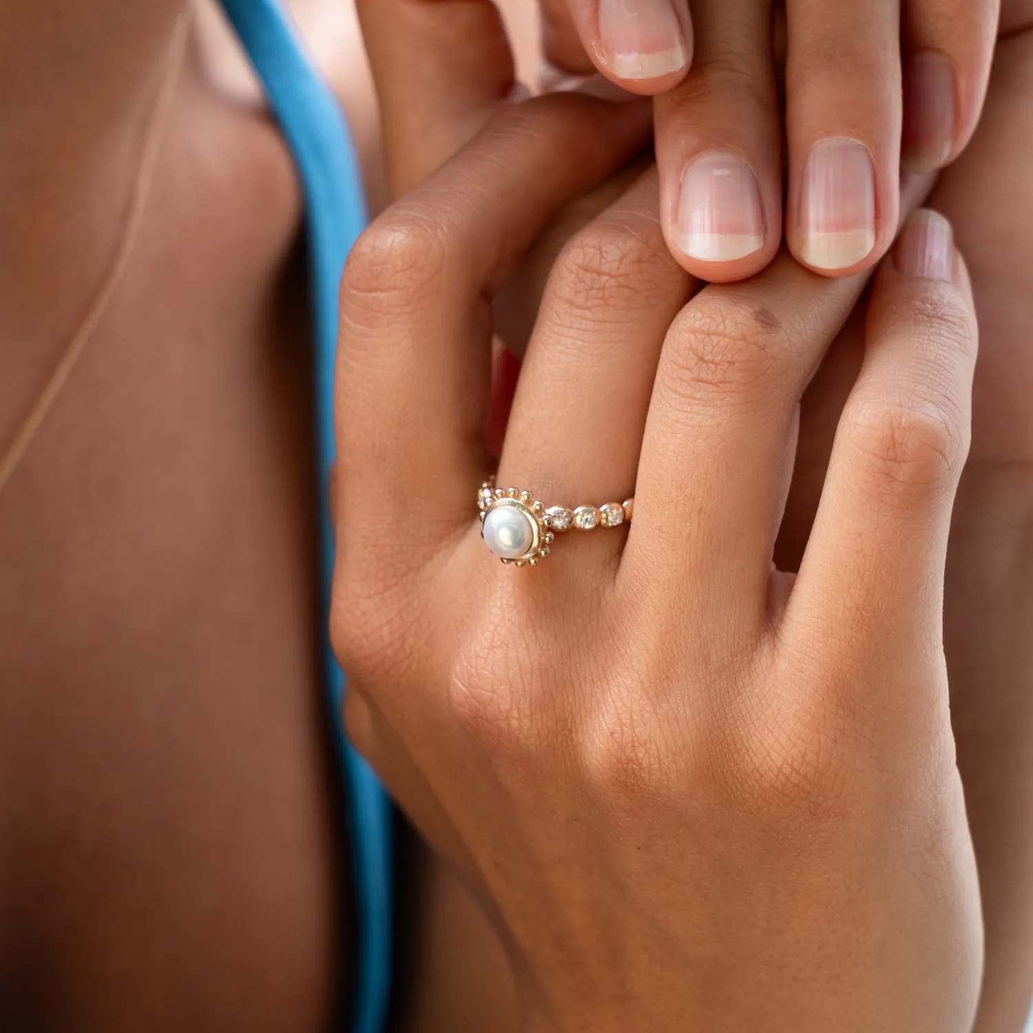 14k Gold Anemone Ring with White Pearl
