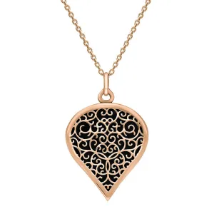 18ct Rose Gold Whitby Jet Flore Filigree Large Heart Necklace