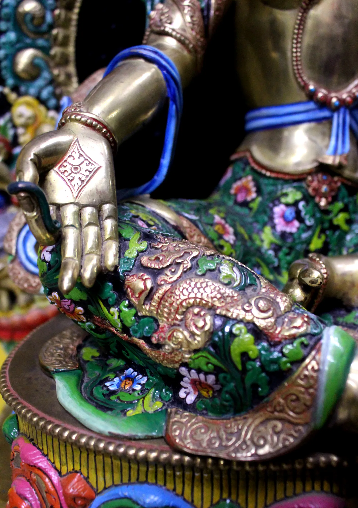24K Gold Majestic Green Tara Hand Painted Sculpture 33" H