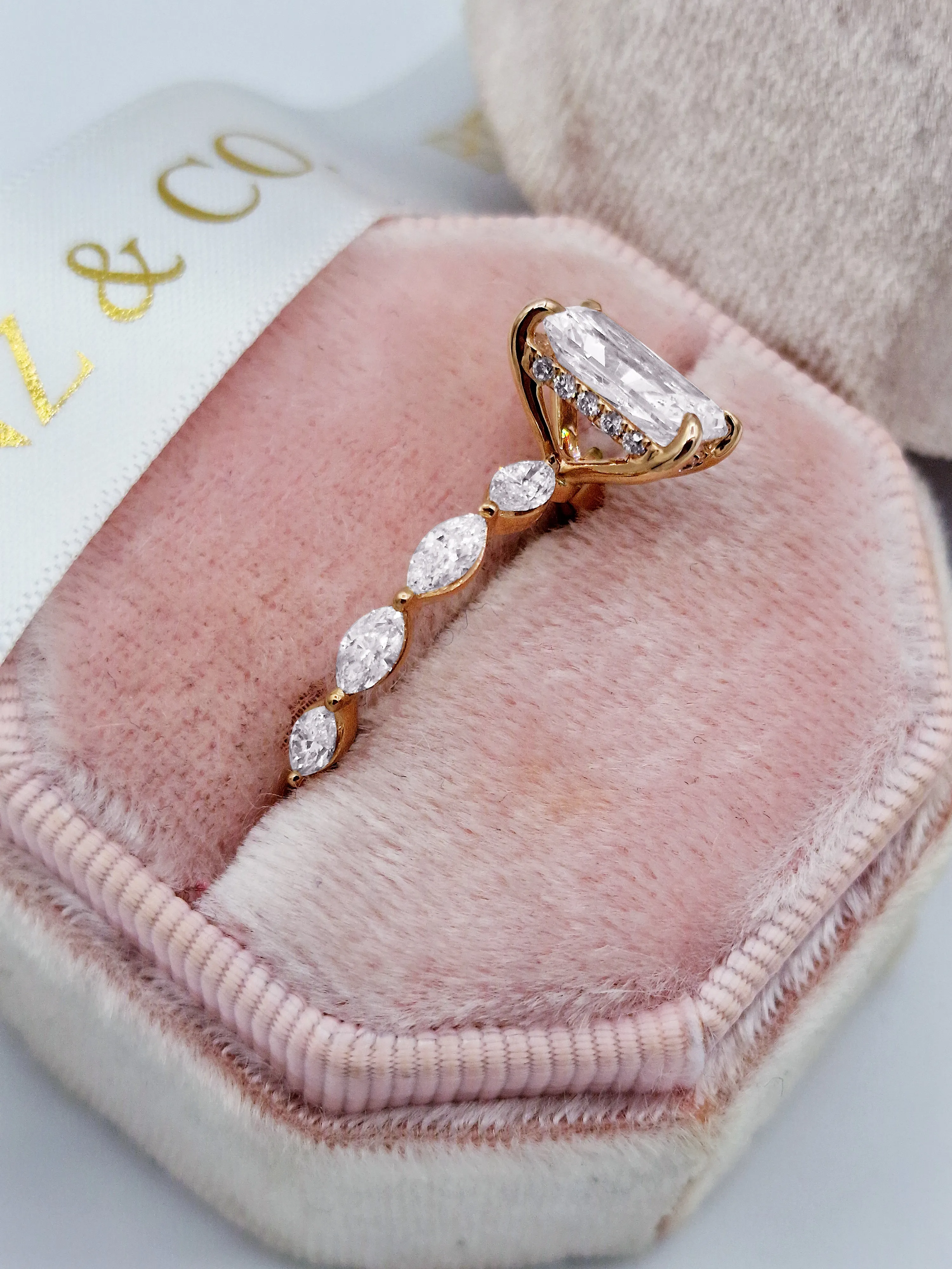 2.65 Carats Lab Grown Radiant Cut with Marquise Side Stones Hidden Halo Diamond Engagement Ring