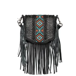 Black Genuine Leather Tooled Fringe Crossbody - RLC-L166BK