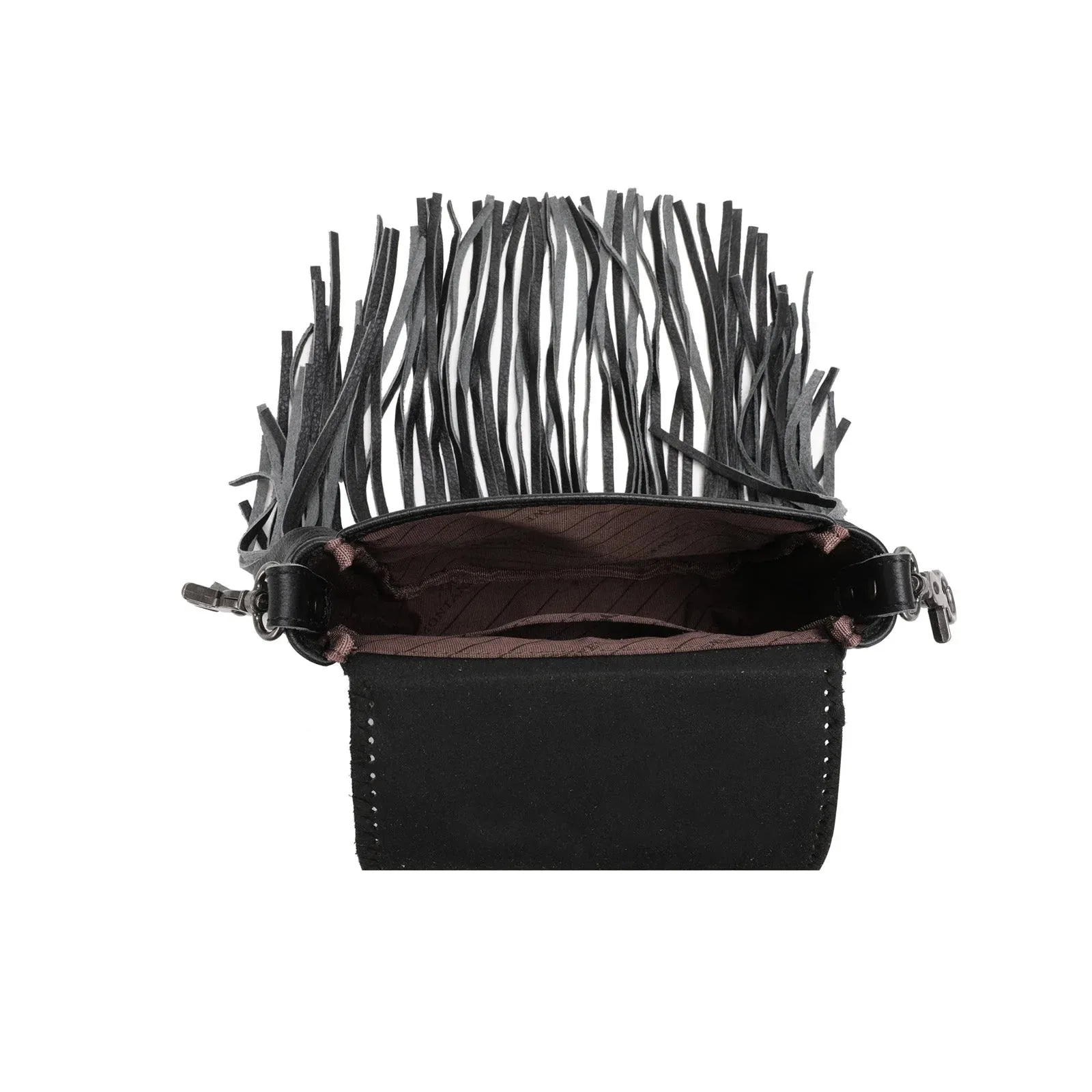 Black Genuine Leather Tooled Fringe Crossbody - RLC-L166BK