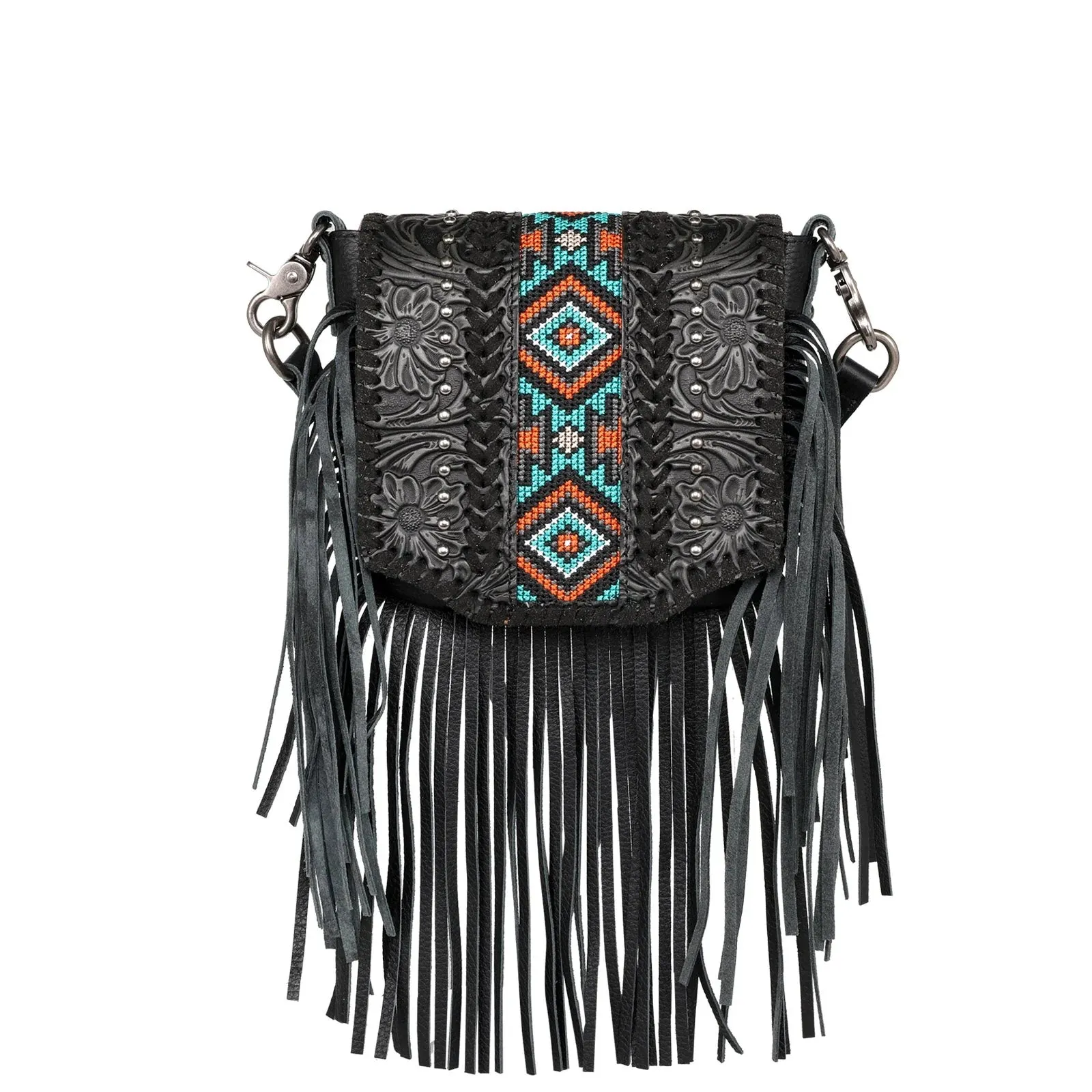 Black Genuine Leather Tooled Fringe Crossbody - RLC-L166BK