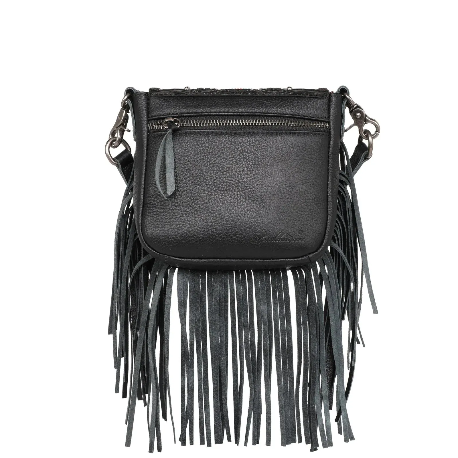 Black Genuine Leather Tooled Fringe Crossbody - RLC-L166BK