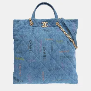 Blue Logo Printed Quilted Denim Maxi Denim Mood Shopping Tote Bag
