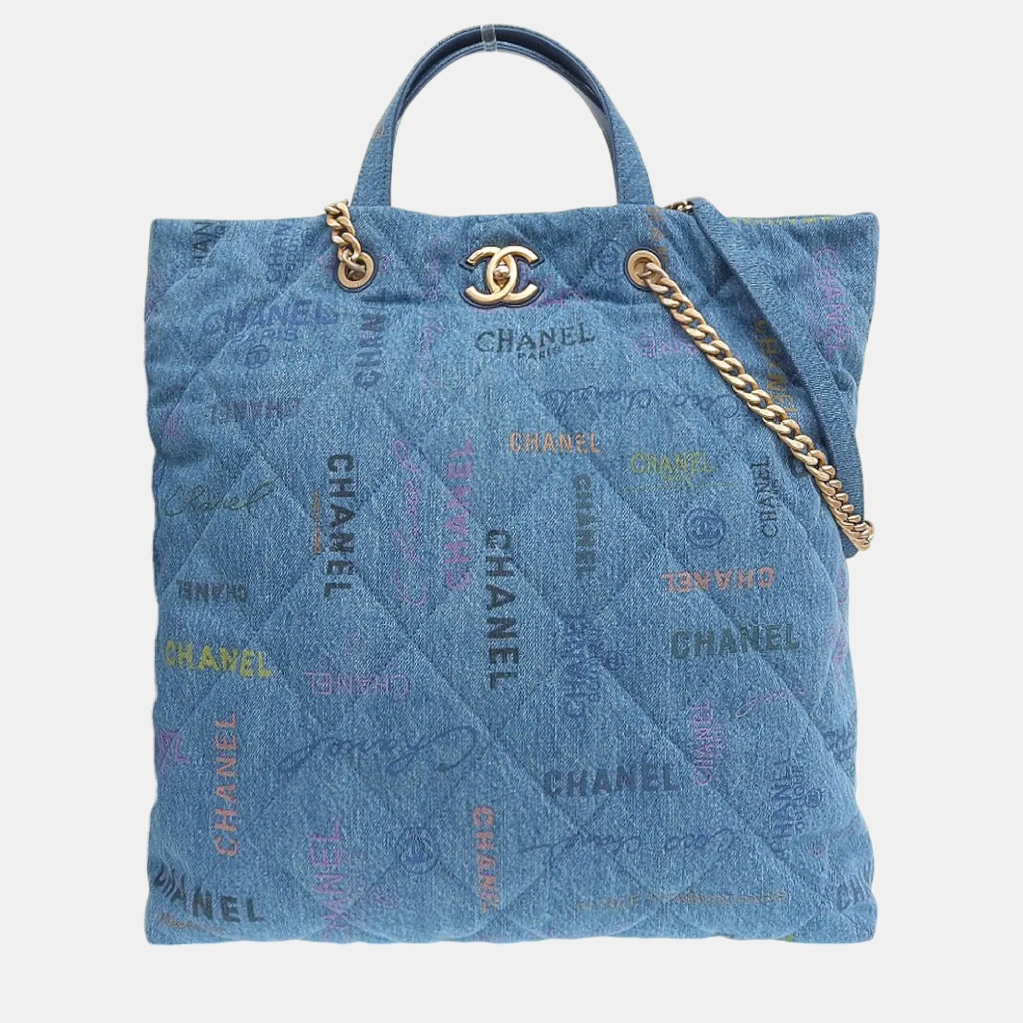 Blue Logo Printed Quilted Denim Maxi Denim Mood Shopping Tote Bag
