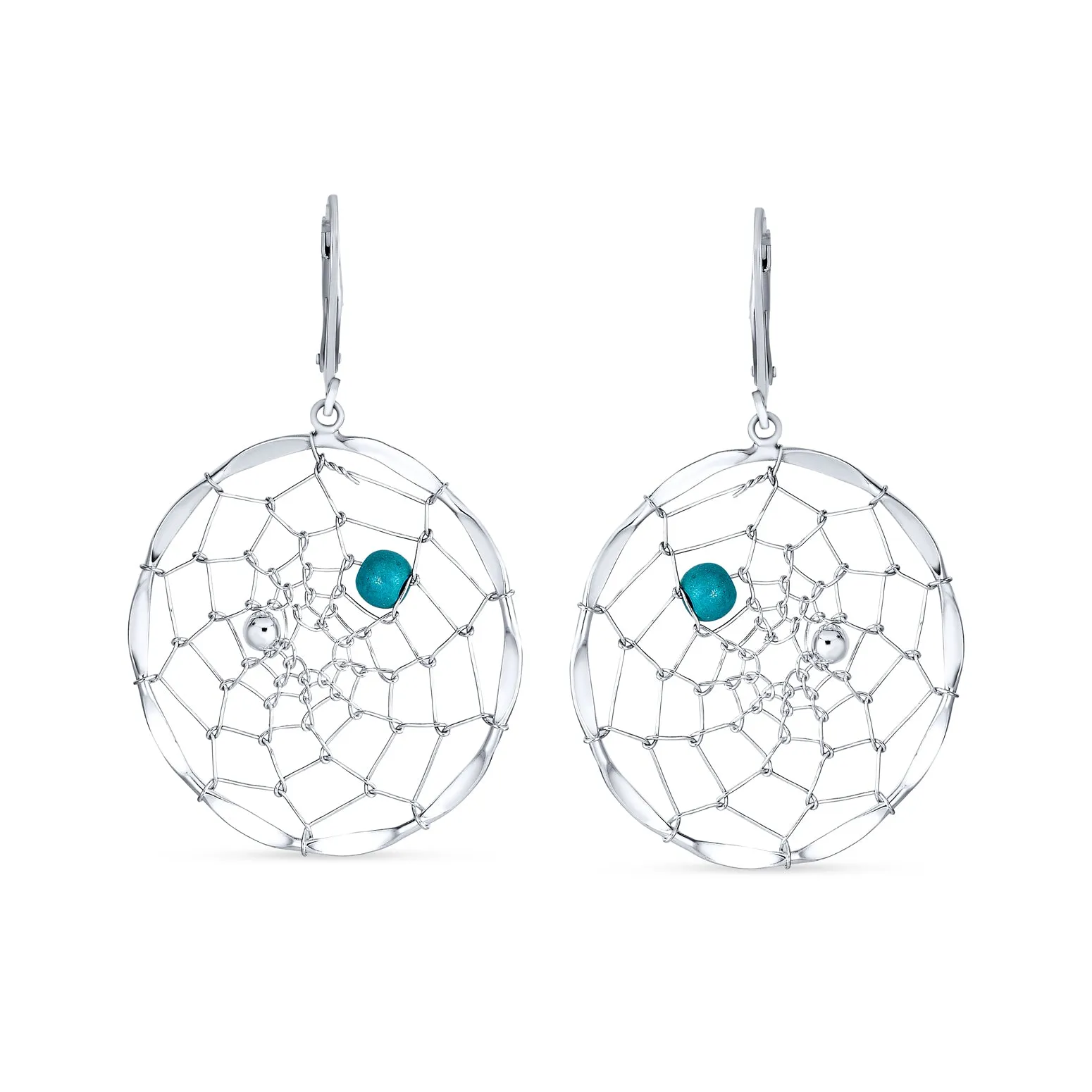 Blue Turquoise Dangle Gemstone Earrings with Lever Back and Dream Catcher Design