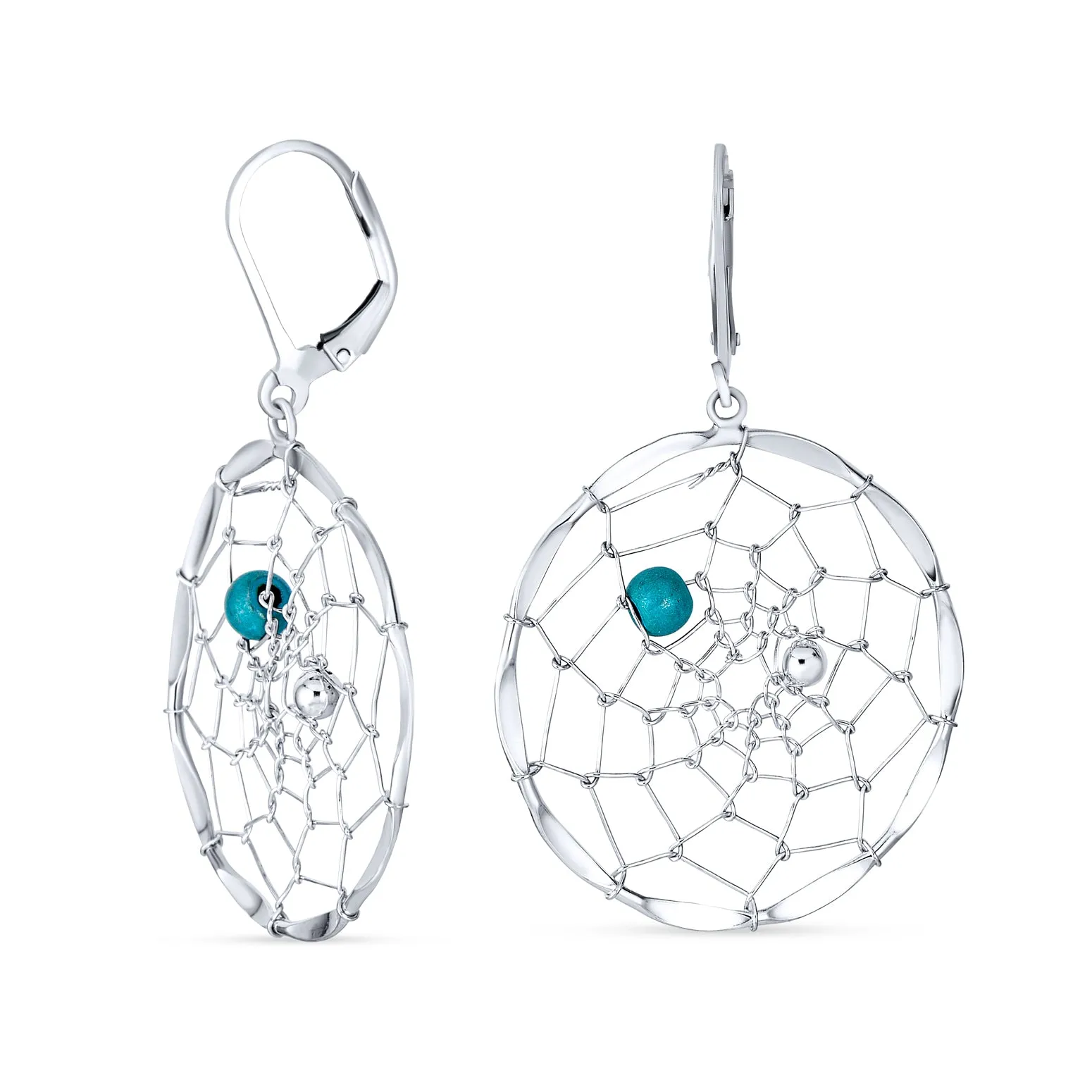 Blue Turquoise Dangle Gemstone Earrings with Lever Back and Dream Catcher Design