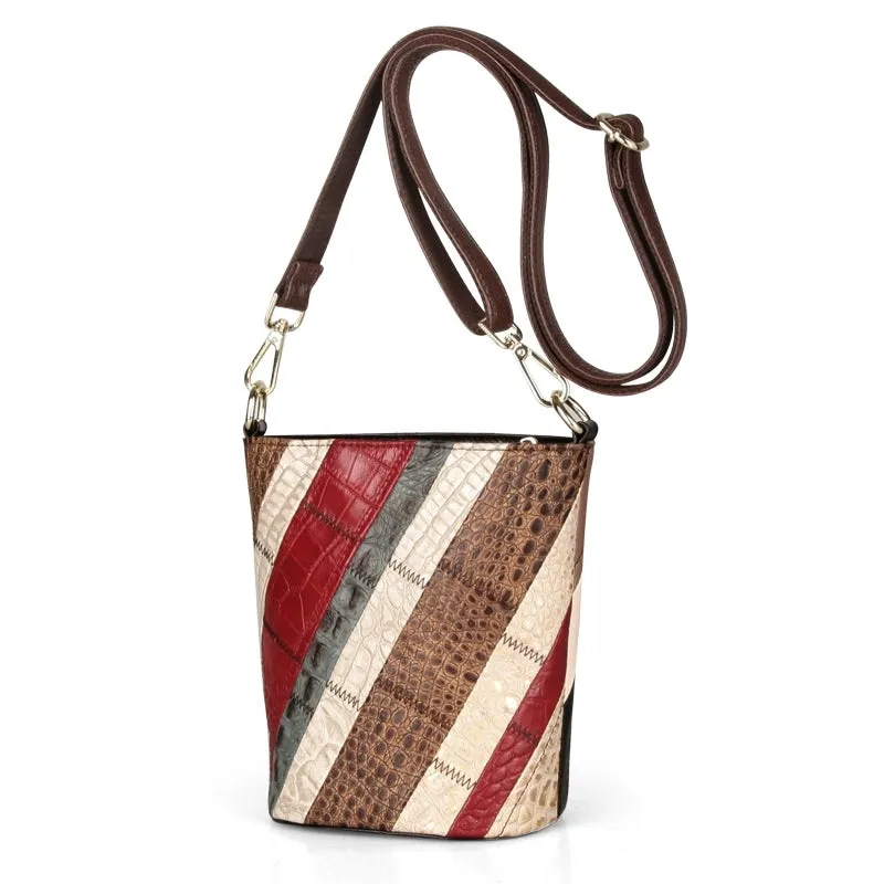 Boho Womens Leather Crossbody Bucket Bag Patchwork Small Shoulder Bags For Women