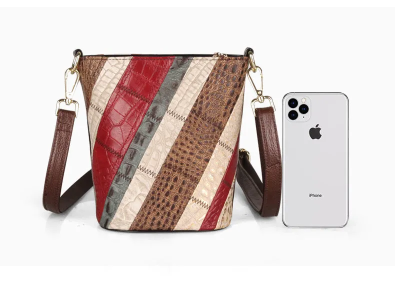 Boho Womens Leather Crossbody Bucket Bag Patchwork Small Shoulder Bags For Women