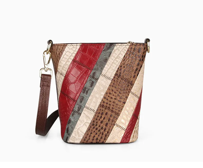 Boho Womens Leather Crossbody Bucket Bag Patchwork Small Shoulder Bags For Women