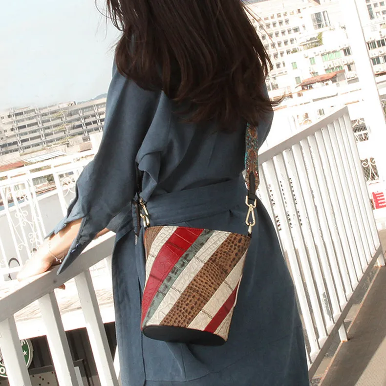 Boho Womens Leather Crossbody Bucket Bag Patchwork Small Shoulder Bags For Women