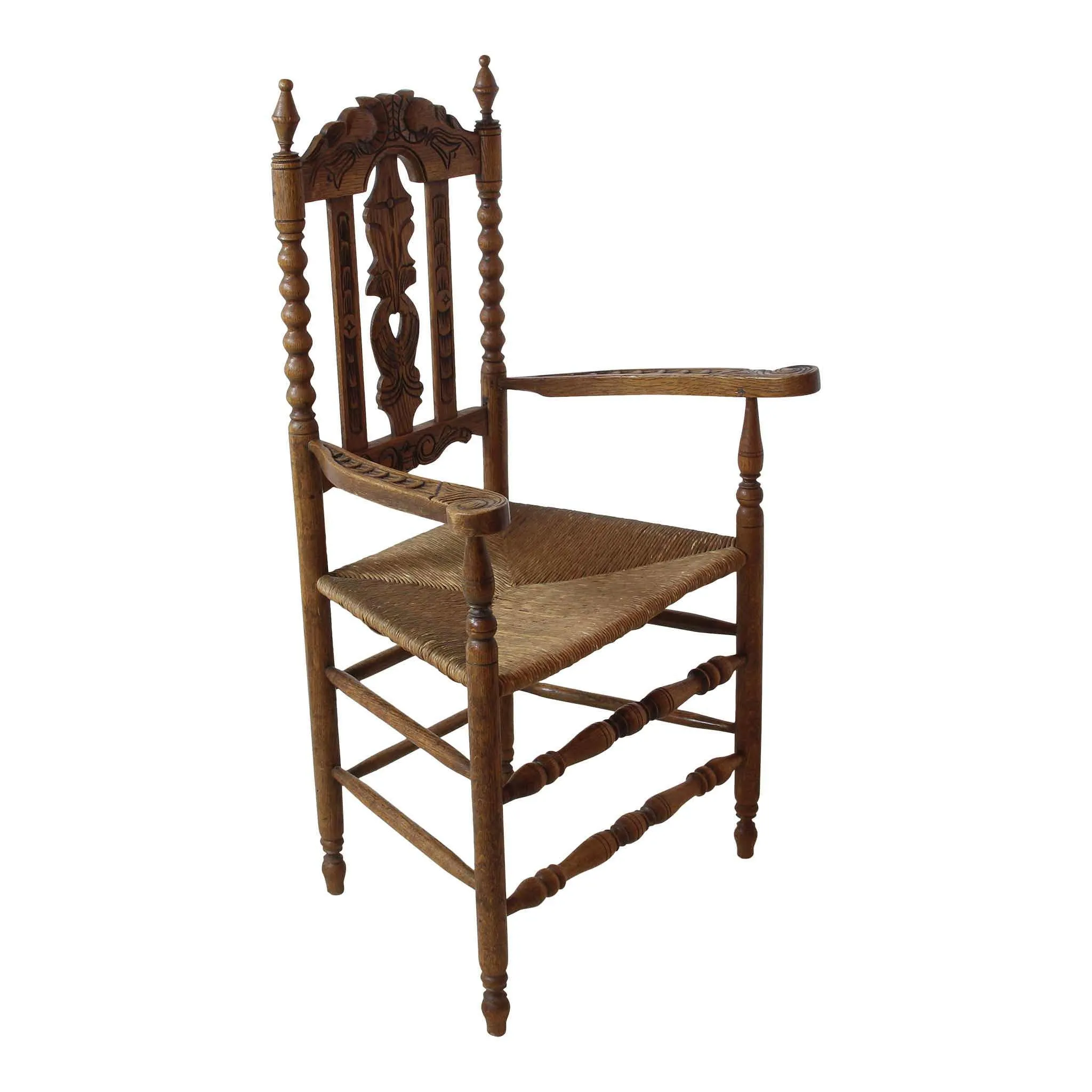 Carved Oak Armchair with Rush Seat