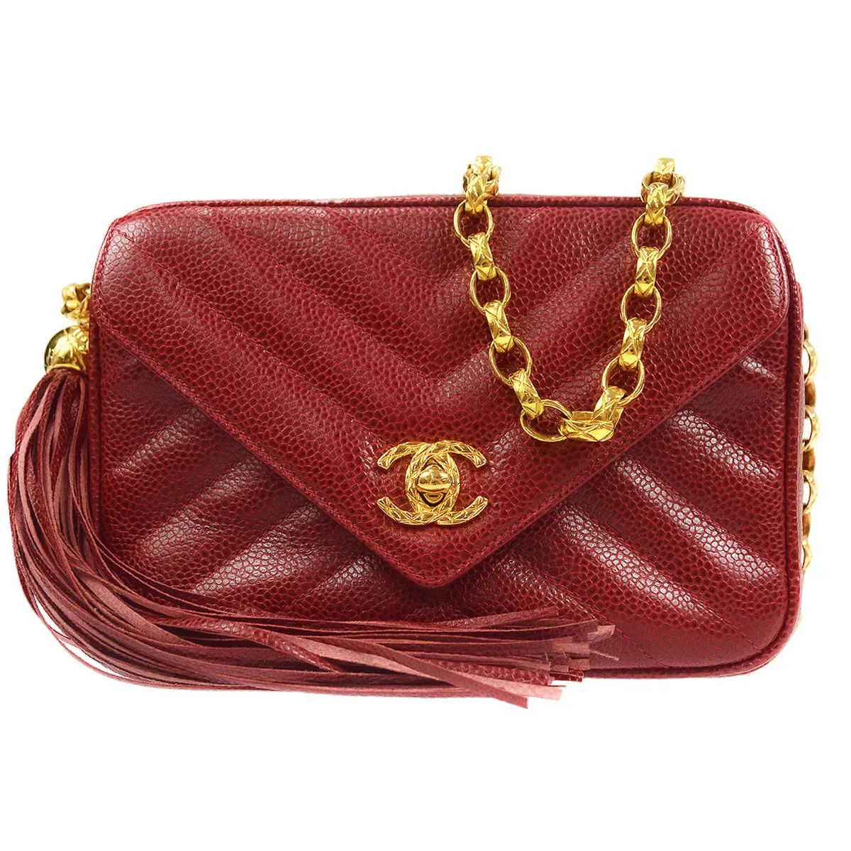 CHANEL 1991-1994 Chevron Pocket Camera Bag Mini Red Caviar 66835