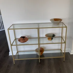 Console Sofa Table with 3 Shelves, 51.2 x 11.8 x 28.7 Inches, Metal Frame, Tempered Glass Shelf