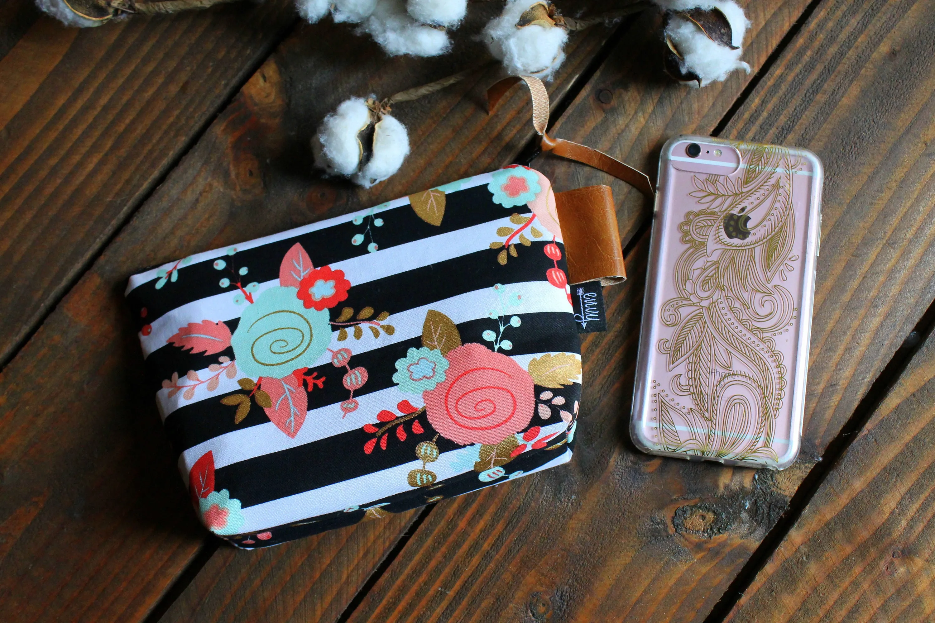 Coral Arrows with Vegan Leather - Cosmetic Bag - Make Up Bag - Bridesmaid Gift