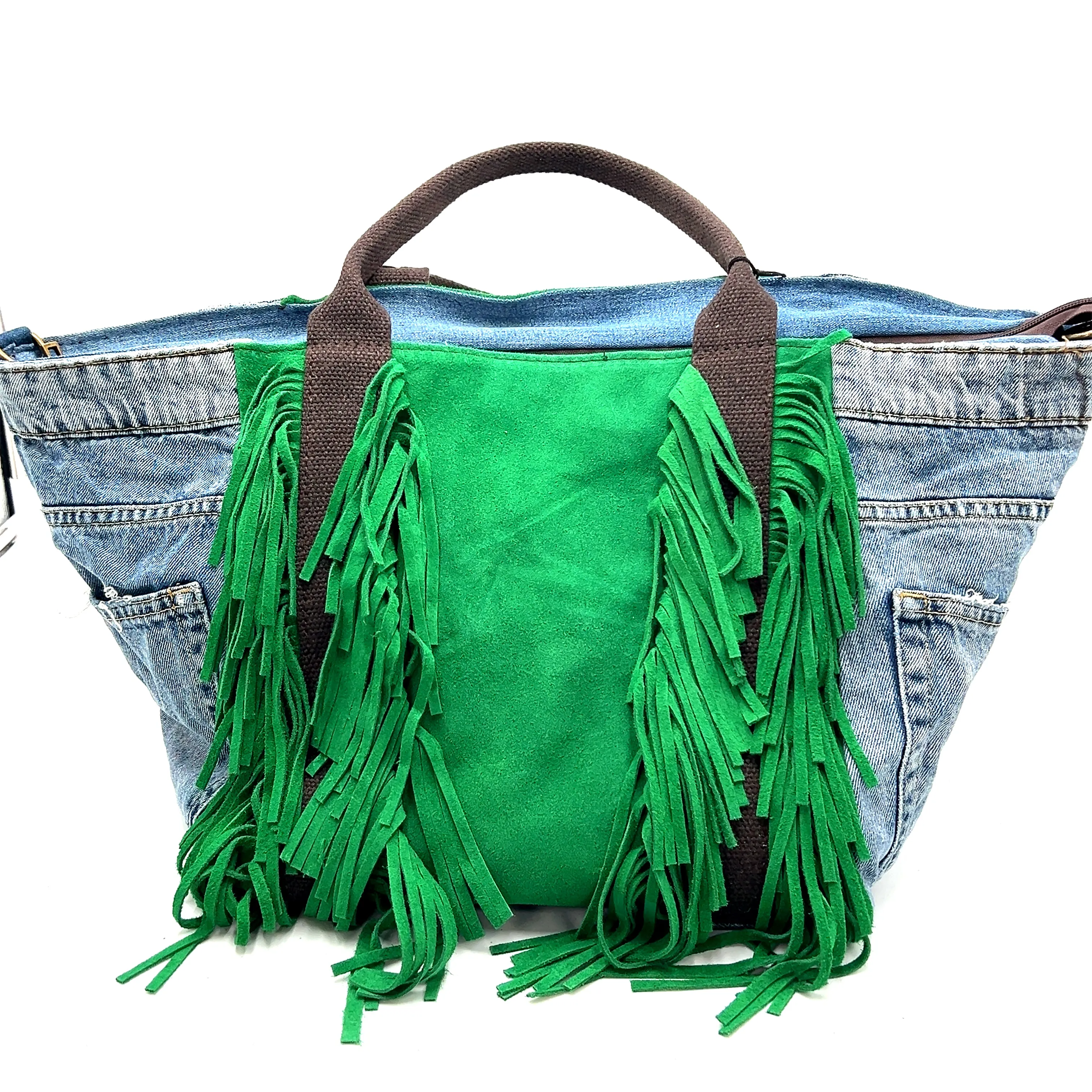 Denim Suede Fringe Crossbody Bag