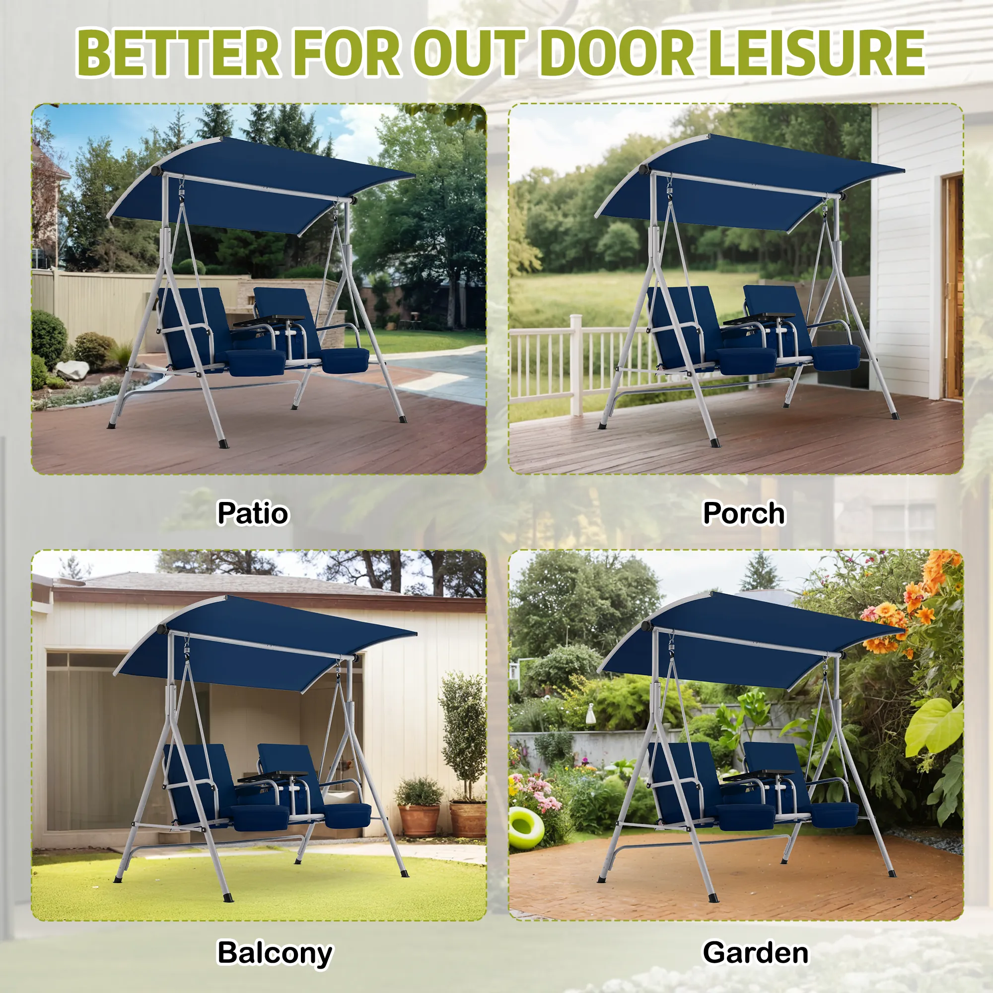 EROMMY 2 Person Porch Swing, Outdoor Swing with Pivot Storage Table, Cooler Bag, 2 Cup Holders, Removable Cushions, Patio Swing with Canopy for Backyard Balcony Poolside,Navy Blue