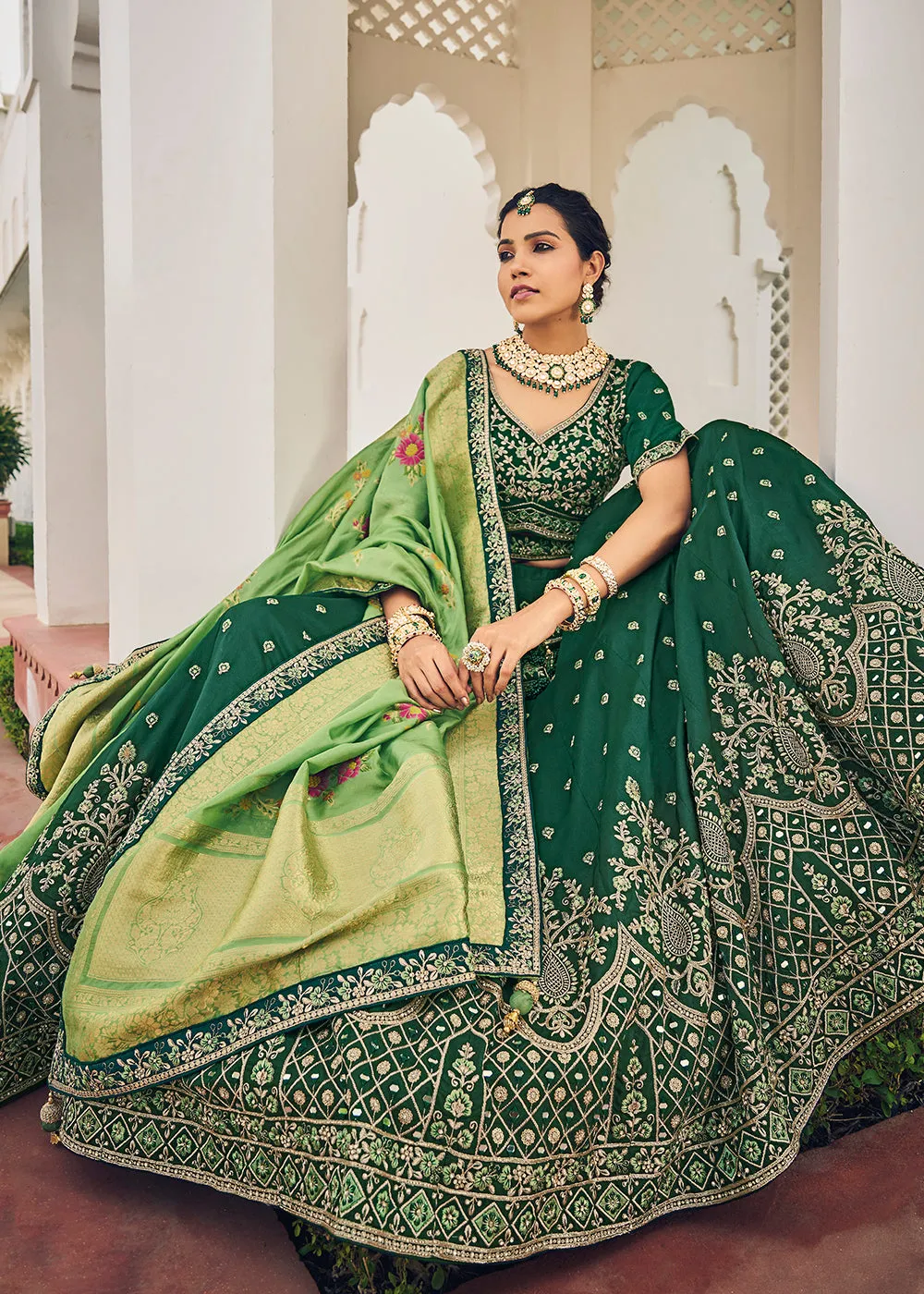 Fascinating Green Viscose Silk Traditional Bridal Lehenga Choli