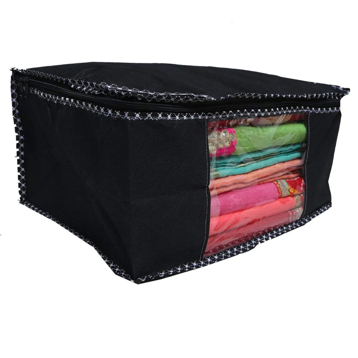 Kuber Industries Non-Woven Saree Cover|Zipper Closer With Transparent Window|Size 43 X 35 X 22 Cm|Pack Of 2 (Black)