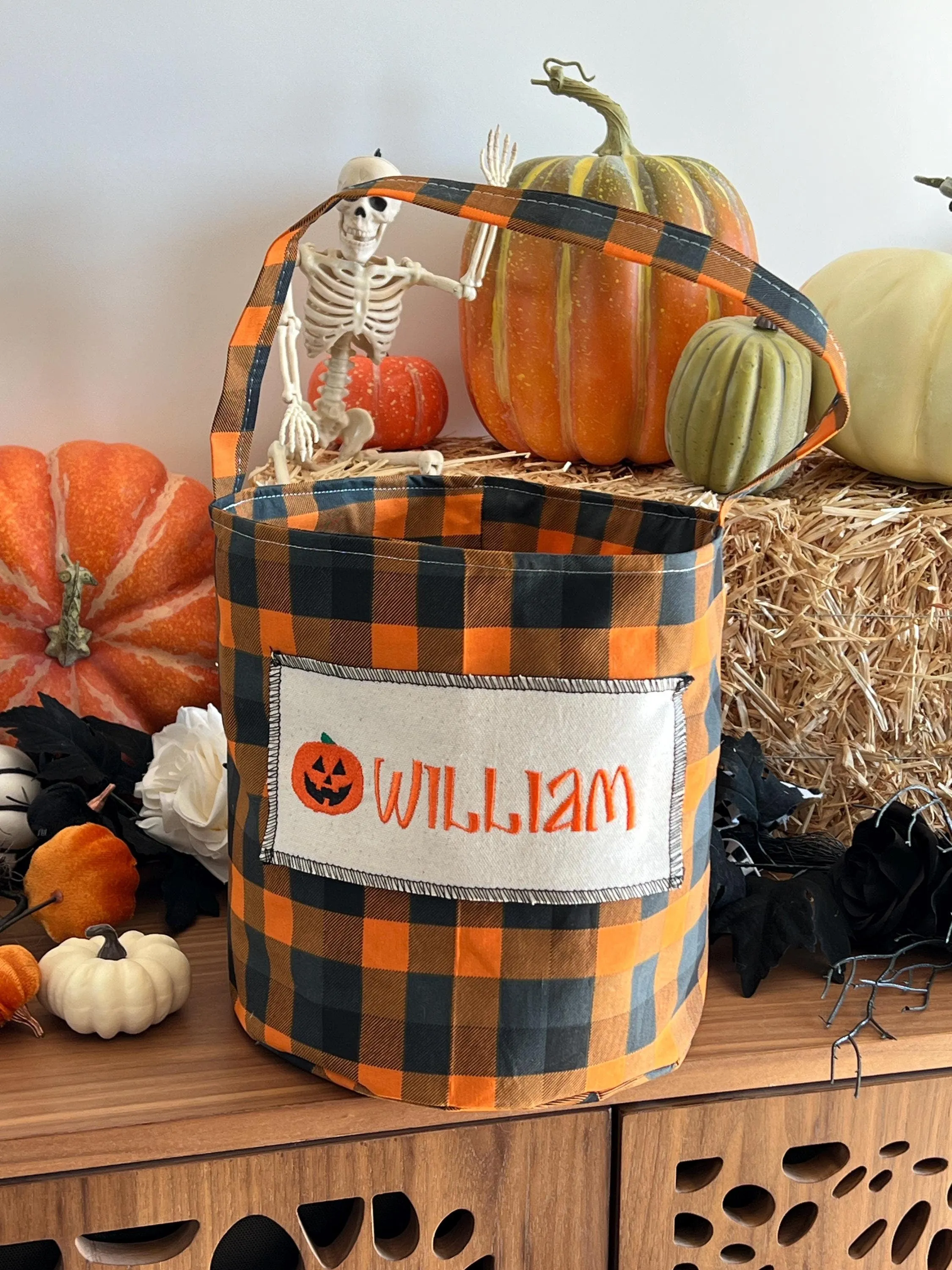 Orange Plaid Pumpkin Trick or Treat Bag, Trick or Treat Bucket