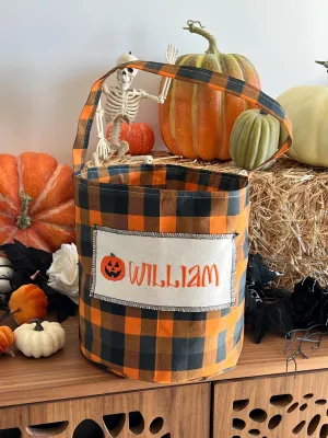 Orange Plaid Pumpkin Trick or Treat Bag, Trick or Treat Bucket