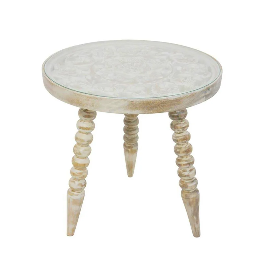 Rasta Carved Side Table & Glass Top (46cm)