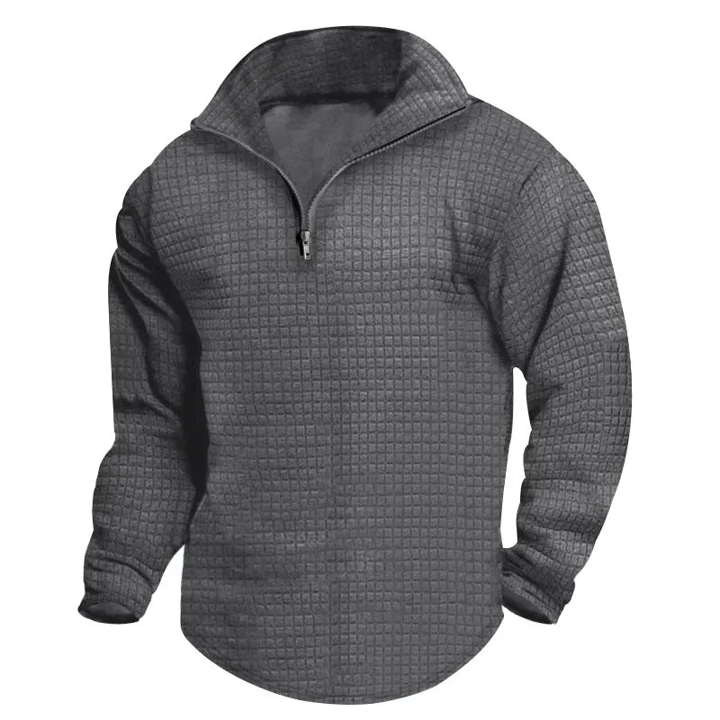 SMALL GRID SOLID COLOR HALF OPEN SWEATSHIRT CASUAL STREET TREND