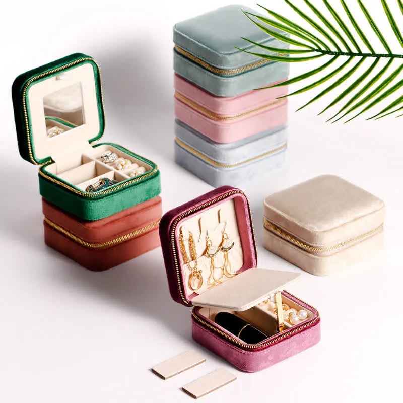 Storage Bag for Women with Mirror Velvet Square Jewelry Case