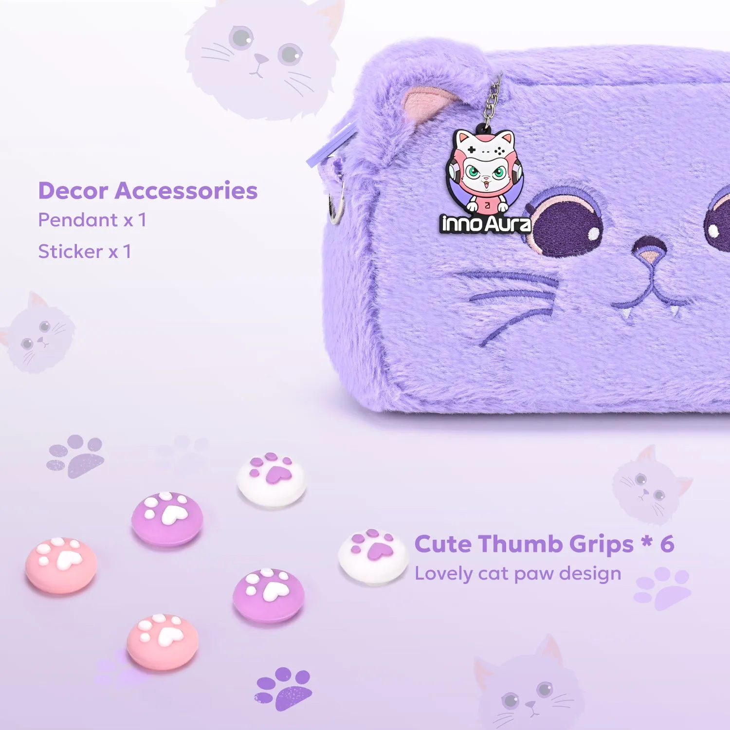 Switch Case for NS Switch, innoAura 11 in 1 Switch Accessories Bundles (Purple Cat)