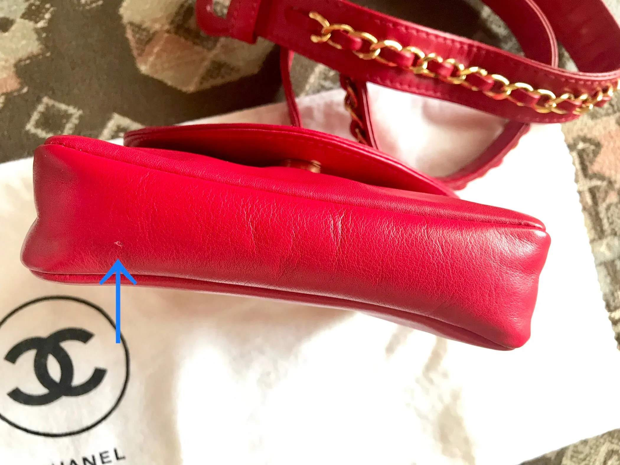 Vintage CHANEL red leather belt bag, fanny pack with detachable chain belt and CC stitch mark on flap.  Fits 29.5" through 32.8"