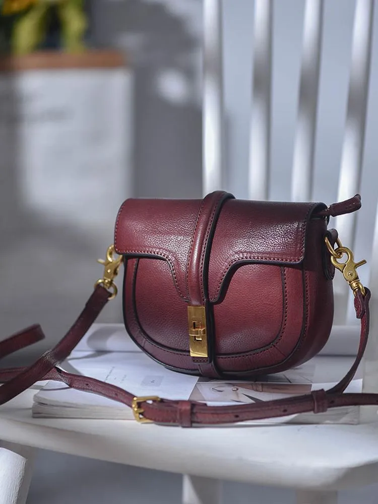 Women's Small Leather Crossbody Saddle Bag Genuine Leather Saddle Bag Purse