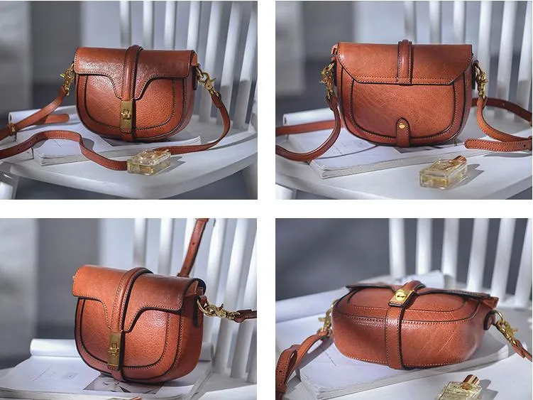 Women's Small Leather Crossbody Saddle Bag Genuine Leather Saddle Bag Purse