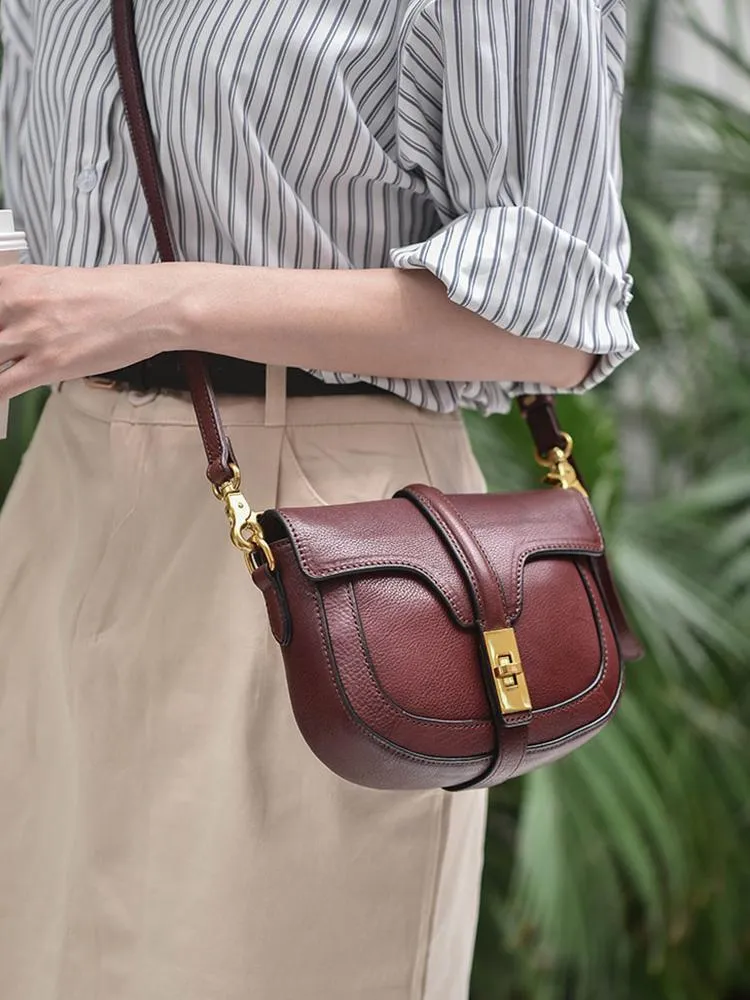 Women's Small Leather Crossbody Saddle Bag Genuine Leather Saddle Bag Purse