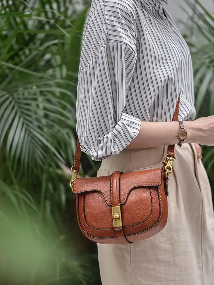 Women's Small Leather Crossbody Saddle Bag Genuine Leather Saddle Bag Purse
