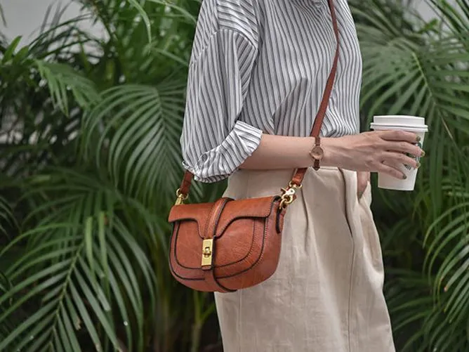 Women's Small Leather Crossbody Saddle Bag Genuine Leather Saddle Bag Purse