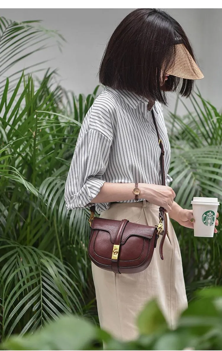 Women's Small Leather Crossbody Saddle Bag Genuine Leather Saddle Bag Purse
