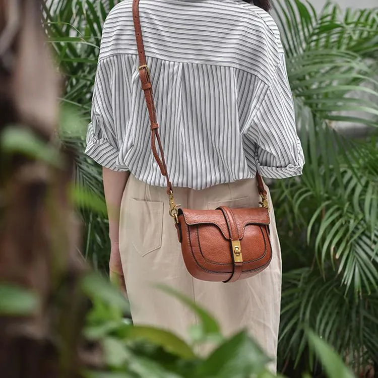 Women's Small Leather Crossbody Saddle Bag Genuine Leather Saddle Bag Purse